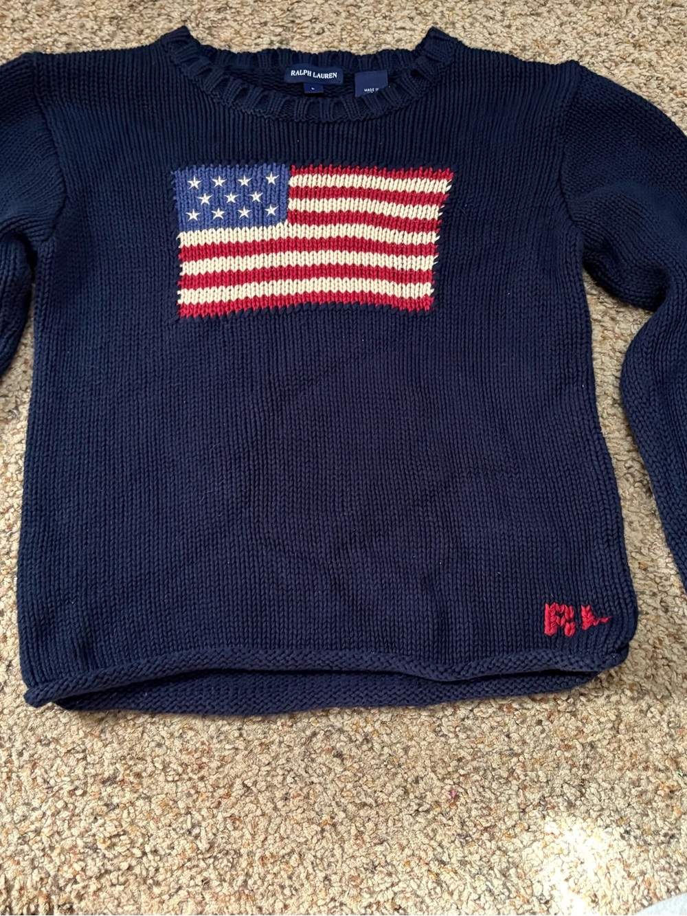 Ralph Lauren Navy Crewneck Sweater with American Flag